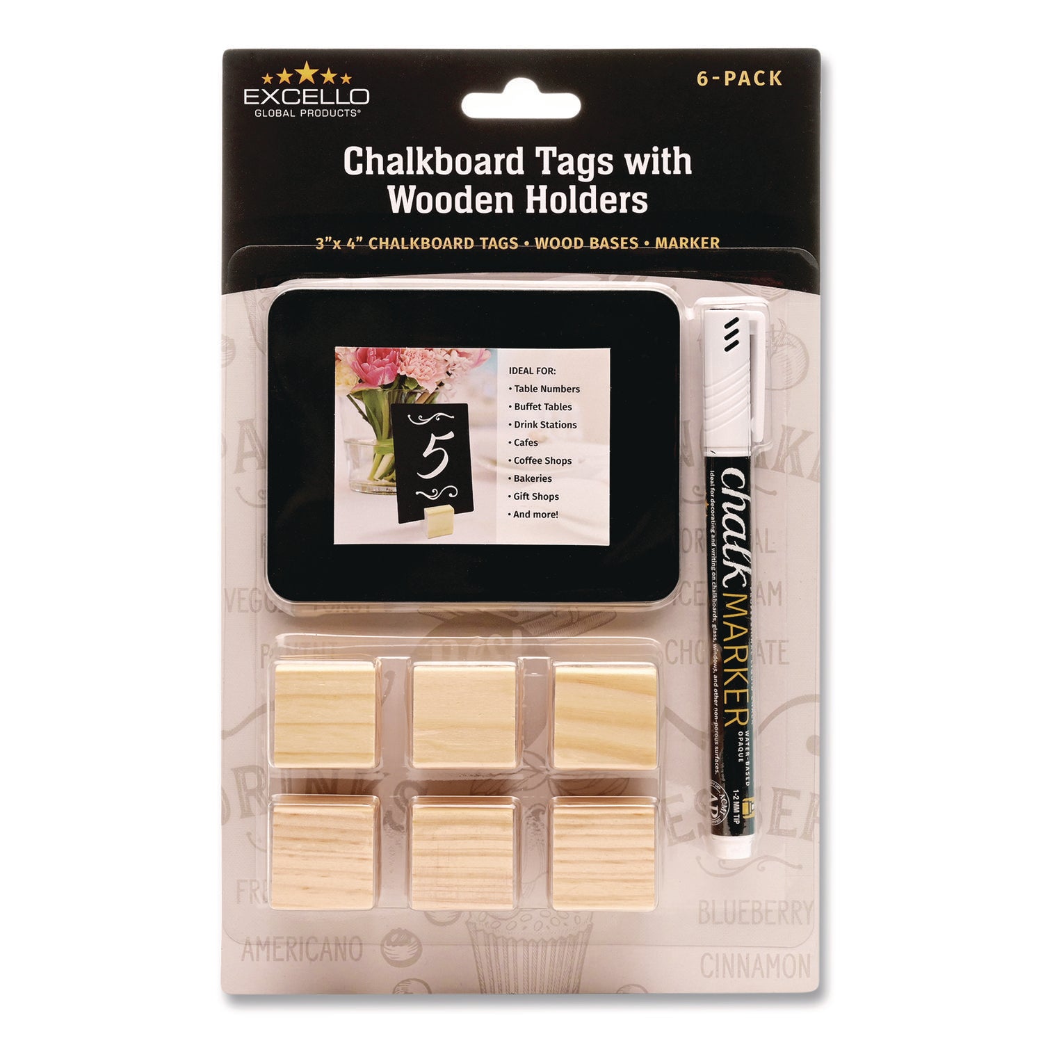 Tabletop Chalkboard Tag, Black Surface, Teak Wood Holder, 3 x 4, 6/Pack