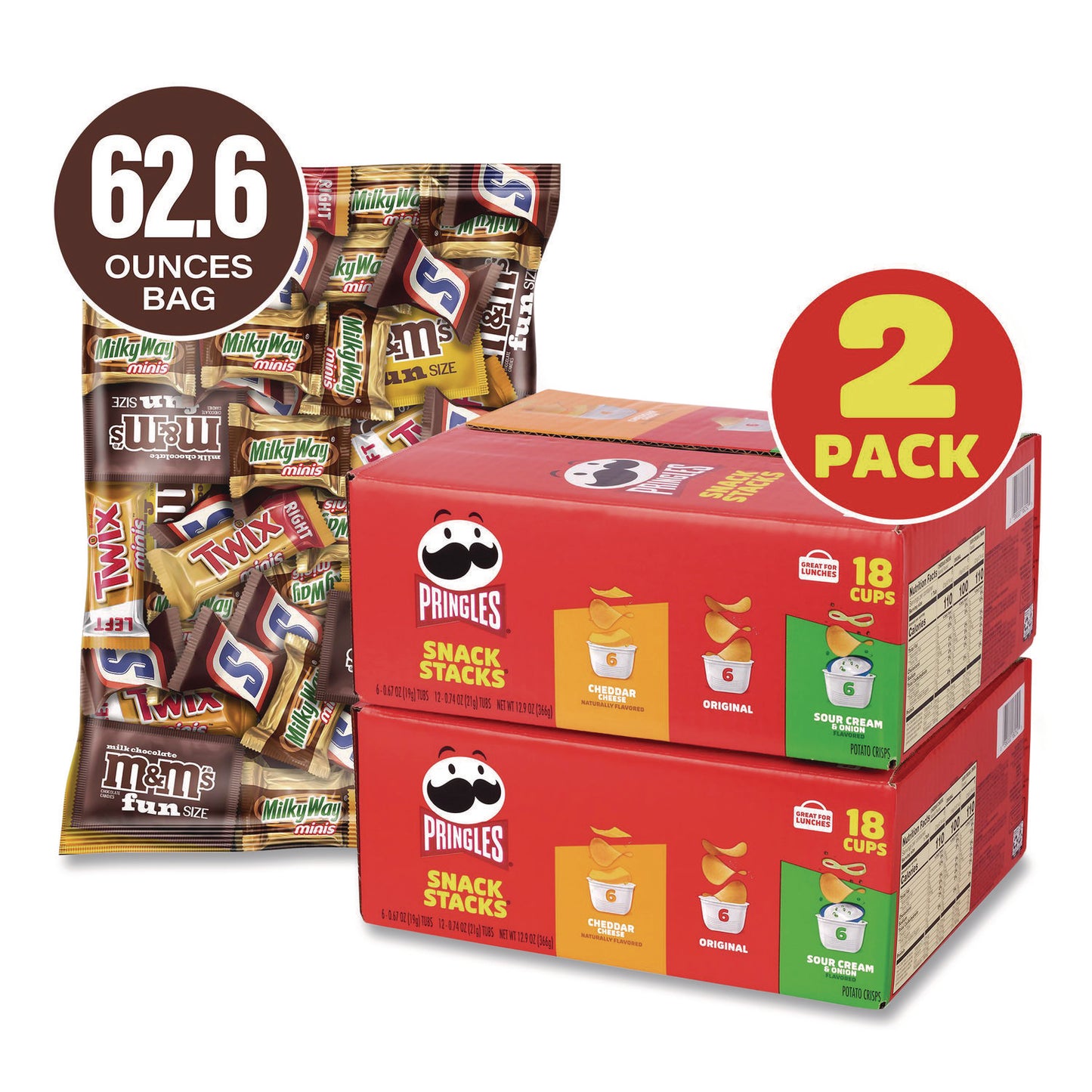 Mini Milk Chocolate and Pringles Snack Stacks Variety Combo Pack, 62 oz Bag Mini/Fun Size, (36) Cups Assorted Flavors/Bundle