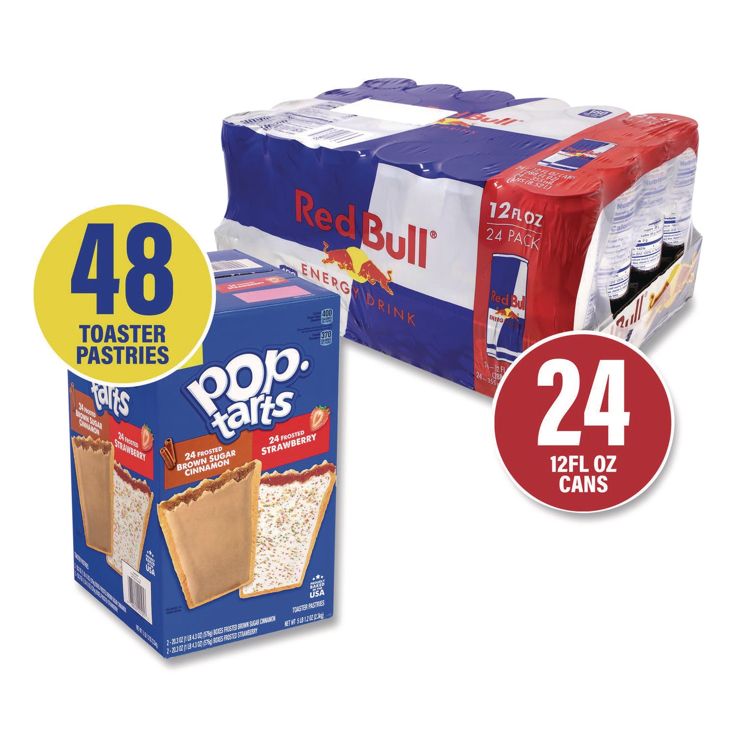 Red Bull Energy Drink and Pop Tart Combo Pack,(24) 12oz Cans,(24) Frosted Strawberry/(24) Frosted Brown Sugar Cinnamon/Bundle