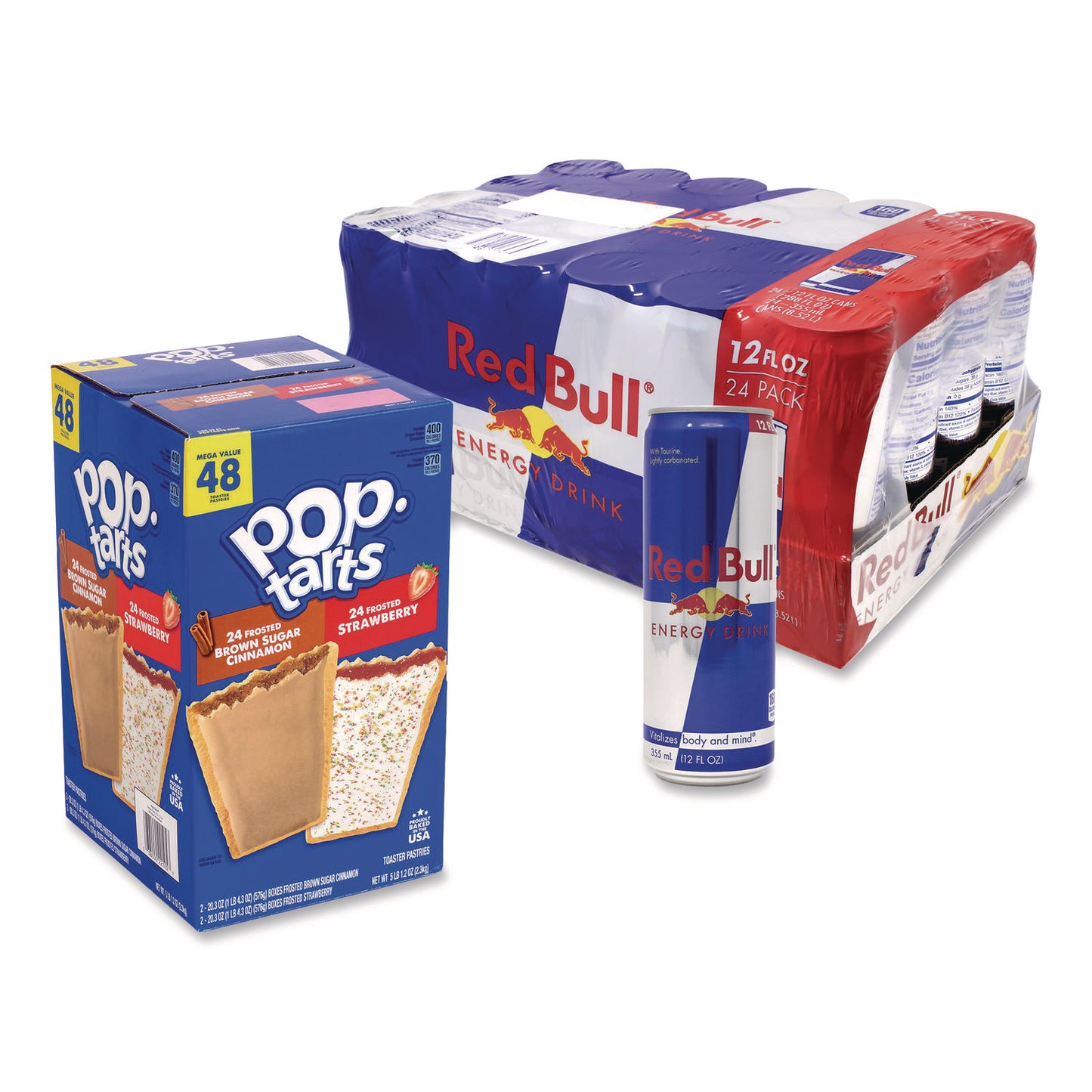 Red Bull Energy Drink and Pop Tart Combo Pack,(24) 12oz Cans,(24) Frosted Strawberry/(24) Frosted Brown Sugar Cinnamon/Bundle