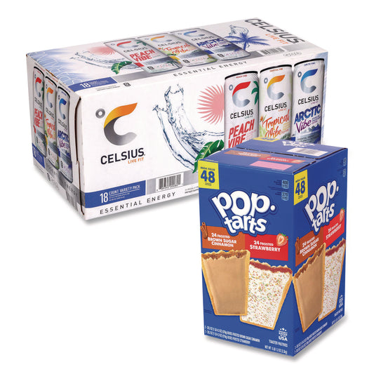 Celcius Vibe and Pop Tarts Variety Combo Pack,(18) 12oz Cans,(24) Frosted Strawberry/(24) Frosted Brown Sugar Cinnamon/Bundle