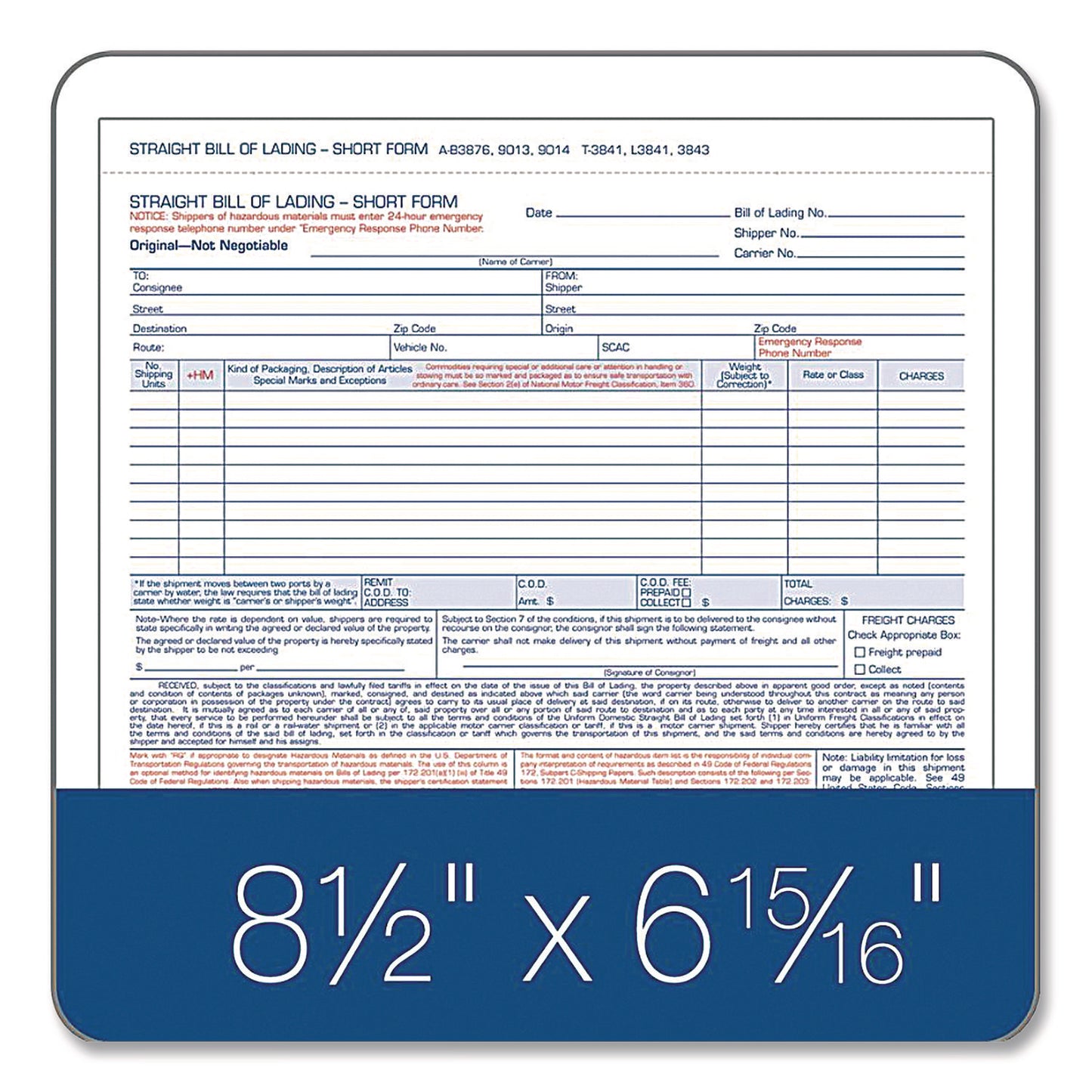 Bill of Lading - Short Form for Up to Ten Articles, Three-Part Carbonless, 8.5 x 6.94, 50 Forms Total