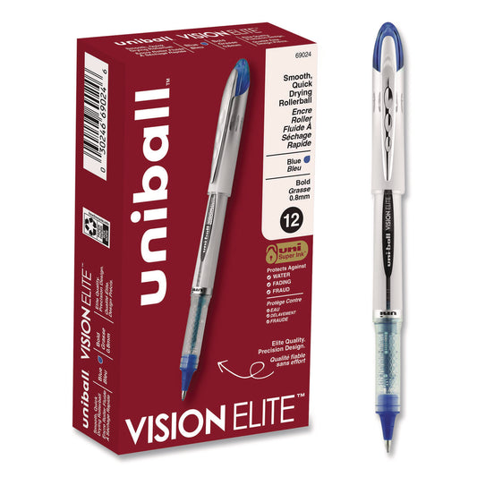 VISION ELITE Rollerball Pen, Stick, Bold 0.8 mm, Blue Ink, White/Blue/Clear Barrel