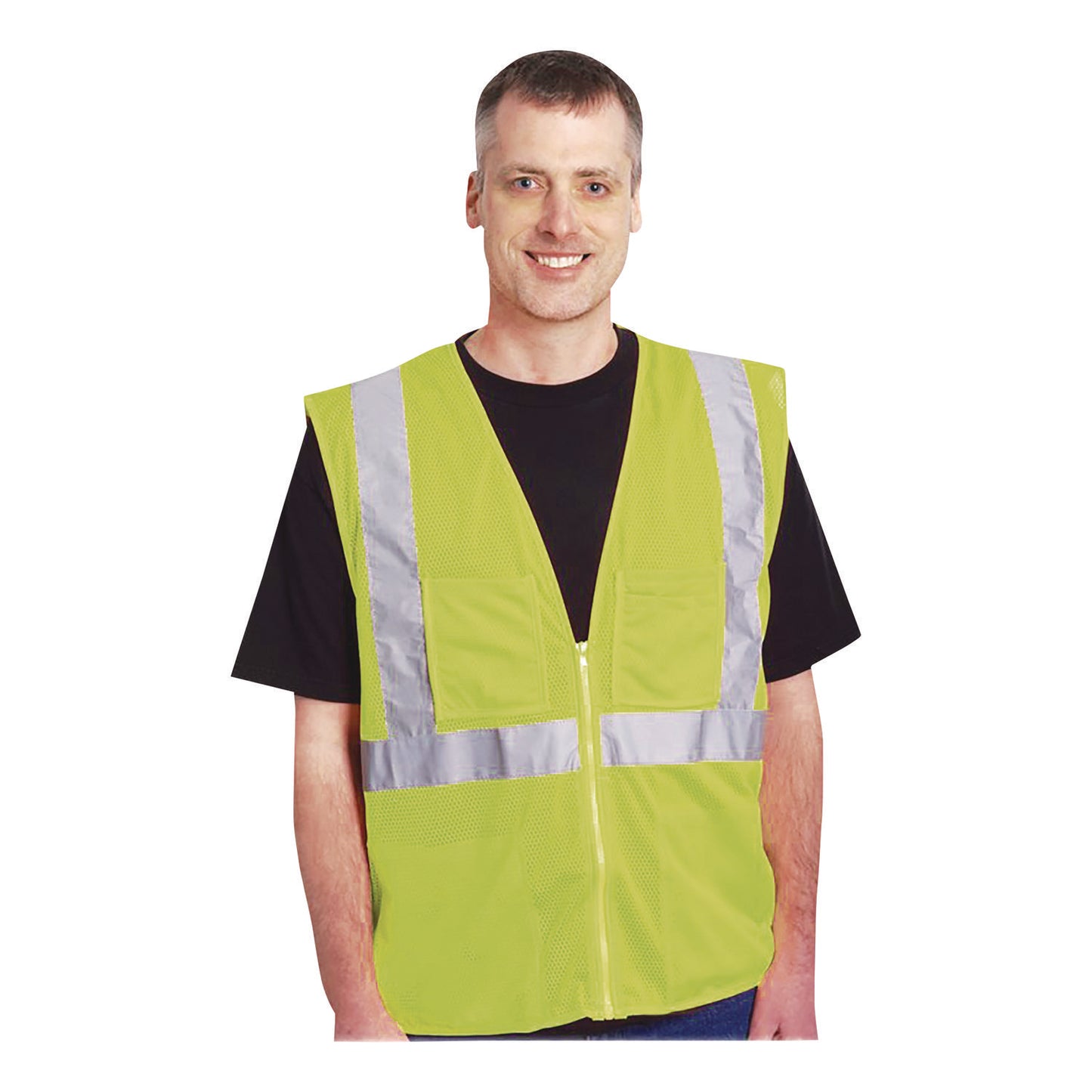 Zipper Safety Vest, Polyester Mesh, Large, Hi-Viz Lime Yellow