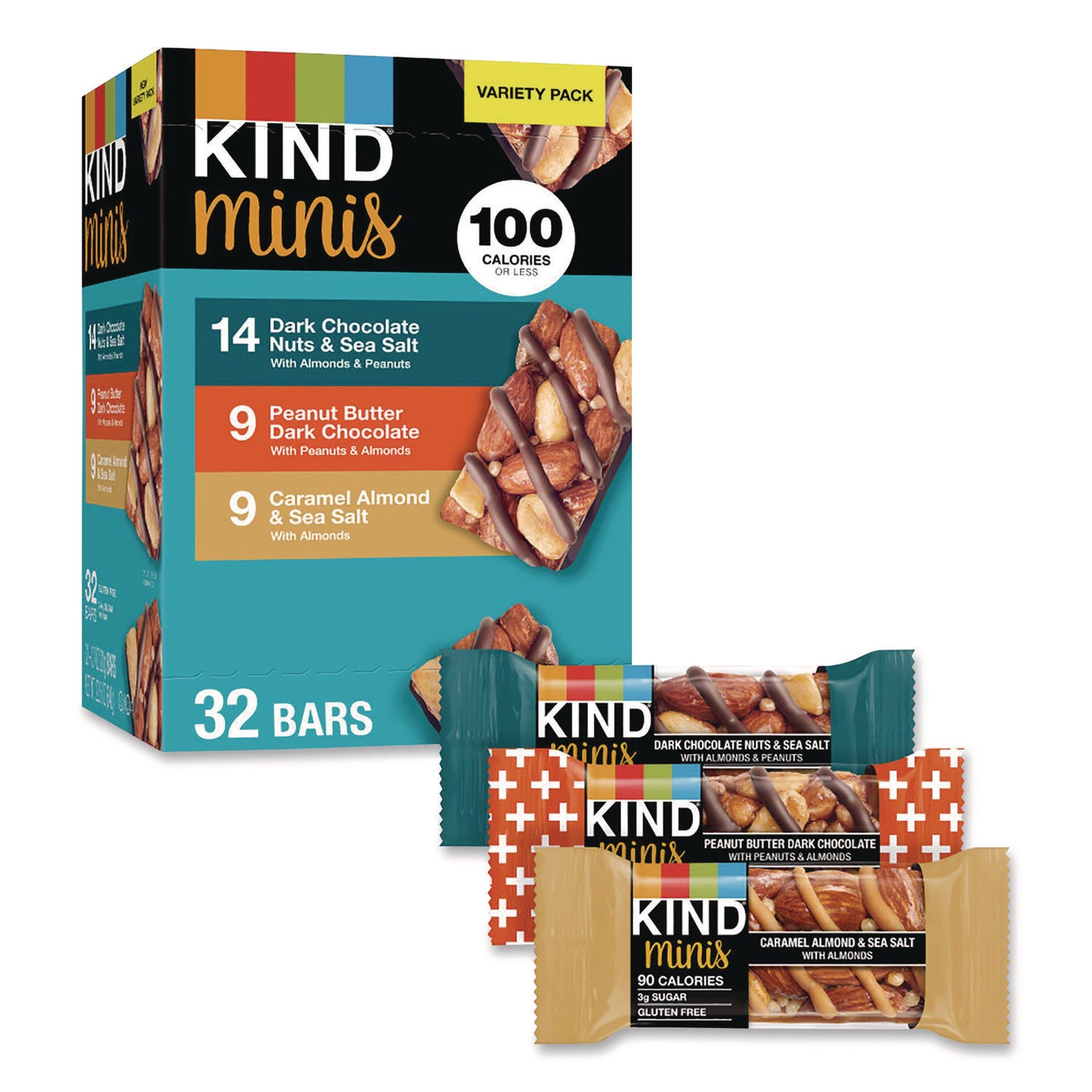Minis, Dark Chocolate Nuts Sea Salt/Caramel Almond Nuts Sea Salt, 0.7 oz Bar, 32 Bars/Carton