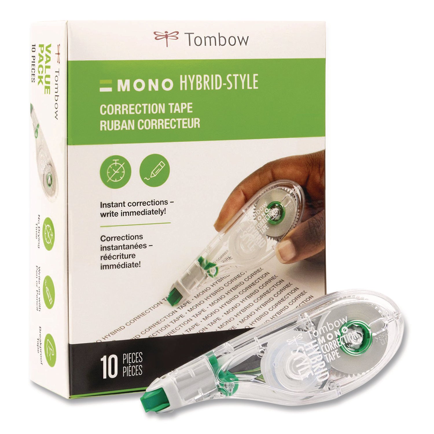 MONO Hybrid Correction Tape Value Pack, Non-Refillable, 0.17" x 32.83 ft, White Tape, Clear/Green Dispenser, 10/Pack