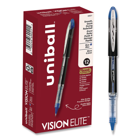 VISION ELITE Rollerball Pen, Stick, Micro 0.5 mm, Blue Ink, Black/Blue/Clear Barrel