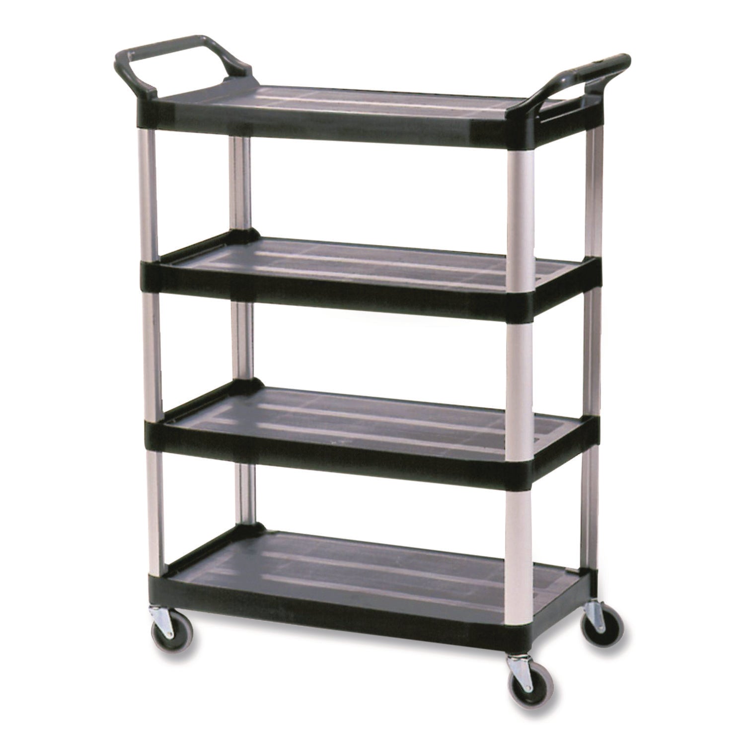 Xtra Utility Cart with Open Sides, Plastic, 4 Shelves, 400 lb Capacity, 40.63" x 20" x 51", Black
