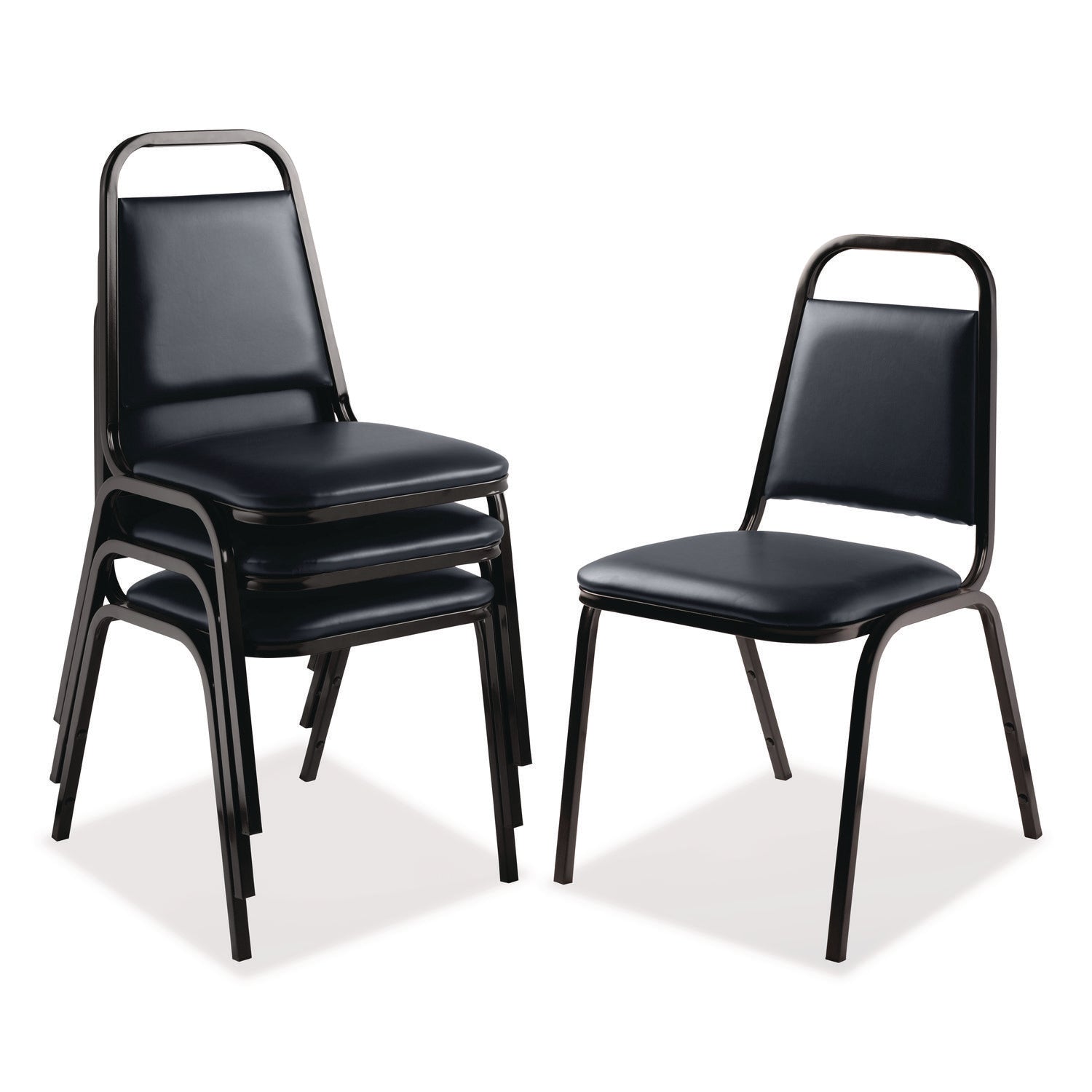 9100 Series Vinyl Upholstered Stack Chair, Supports 300 lbs, 18" Seat Height, Midnight Blue Seat/Back, Black Base, 4/Carton