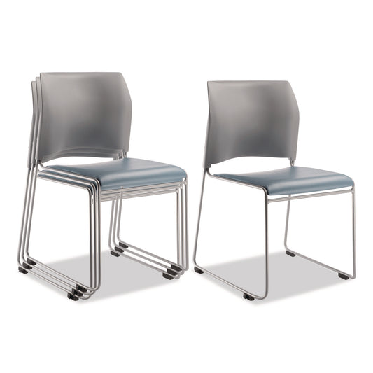 8700 Series Cafetorium Plush Vinyl Stack Chair, Supports Up to 500 lb, 18" Seat Ht, Blue Seat, Gray Back, Silver Base, 4/CT