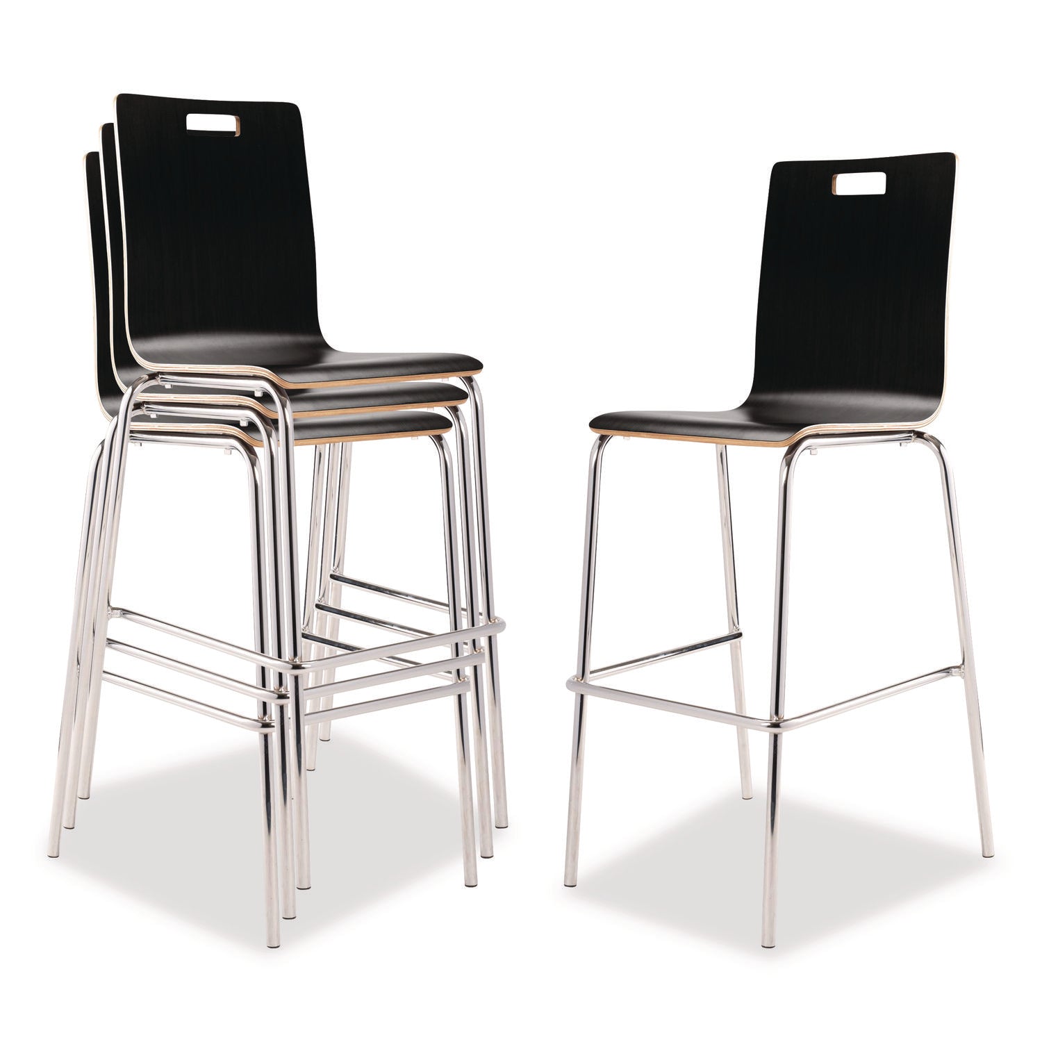 Bushwick Series Bentwood Stool, Supports Up to 500 lb, 30" Seat Height, Black Seat, Black Back, Chrome Base, 4/Carton