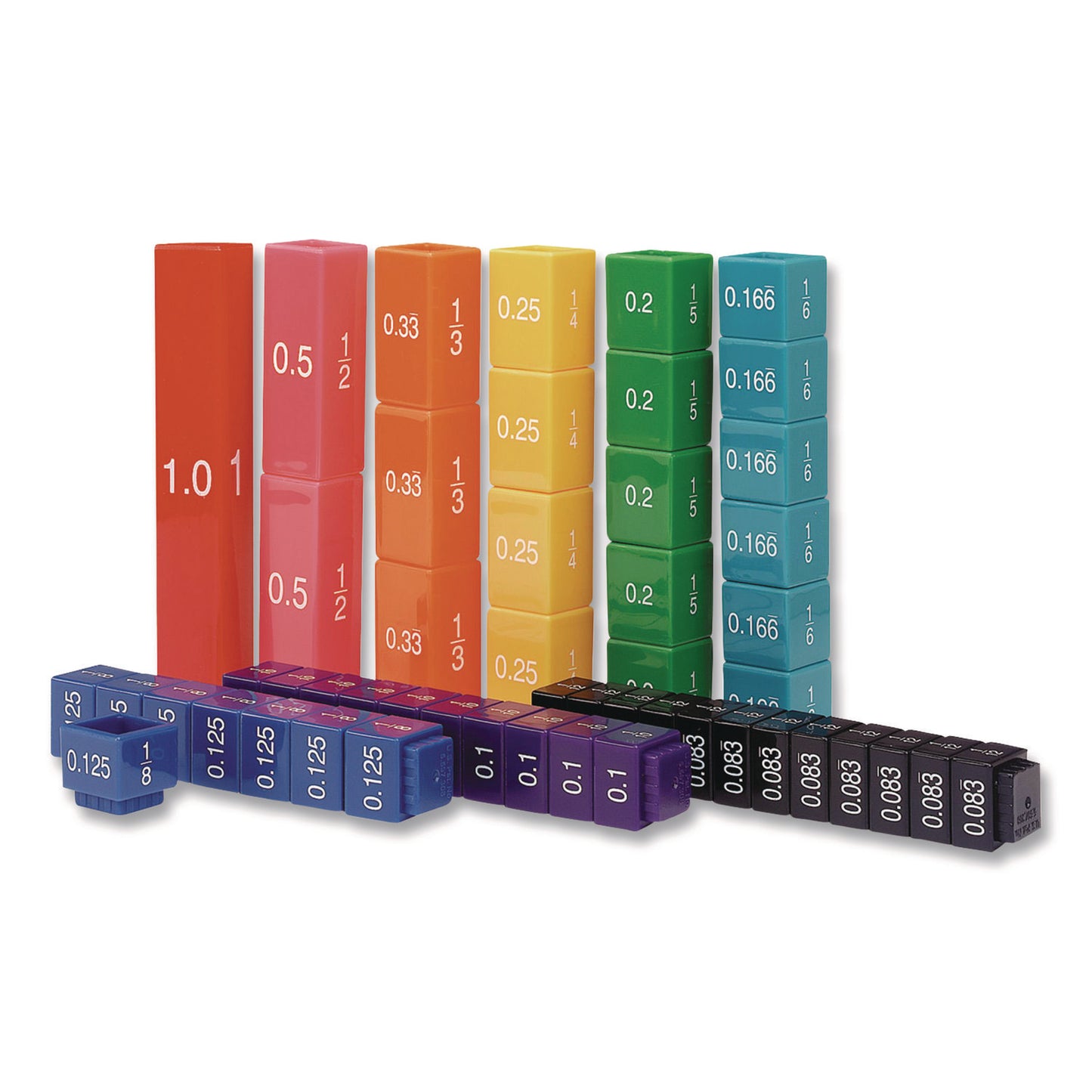 Fraction Tower Equivalency Cubes, Nine Sizes, Grades 1 to 4, 51 Pieces