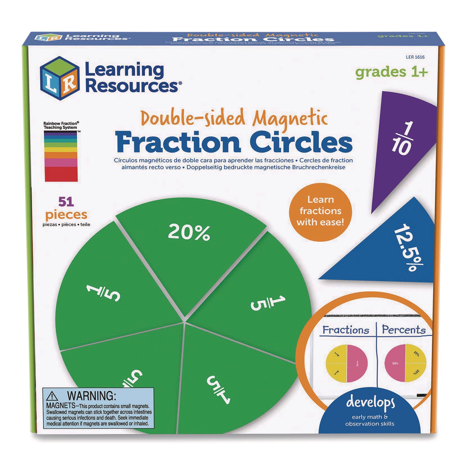 Double-Sided Magnetic Rainbow Fraction and Percentage Circles, Grades 1 to 6, English, Randomly Assorted Colors, 9 Pieces