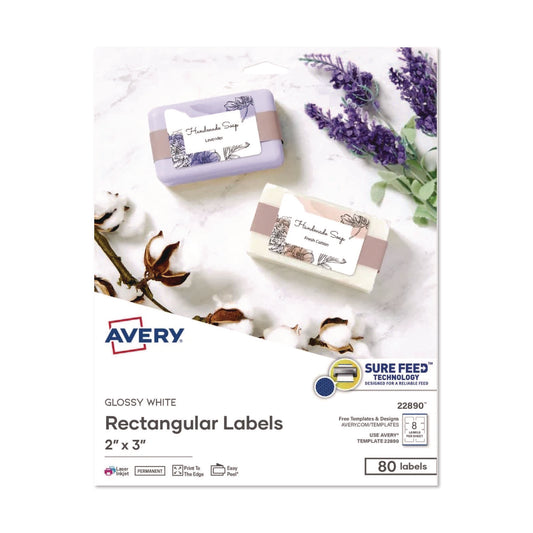 Sure Feed Glossy Labels, 2 x 3, White, 8 Labels/Sheet, 10 Sheets Pack