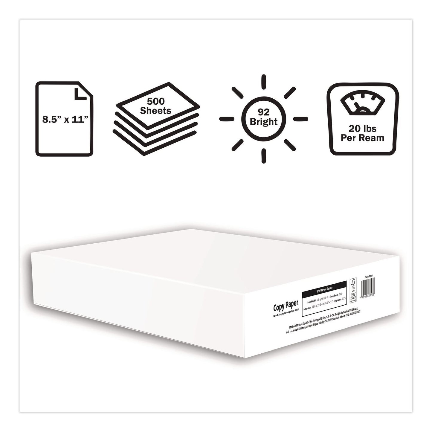 Office Paper, 92 Bright, 20 lb Bond, 8.5 x 11, White, 500 Sheets/Ream,10 Reams/Carton, 40 Cartons/Pallet, 21 PLT/Truckload
