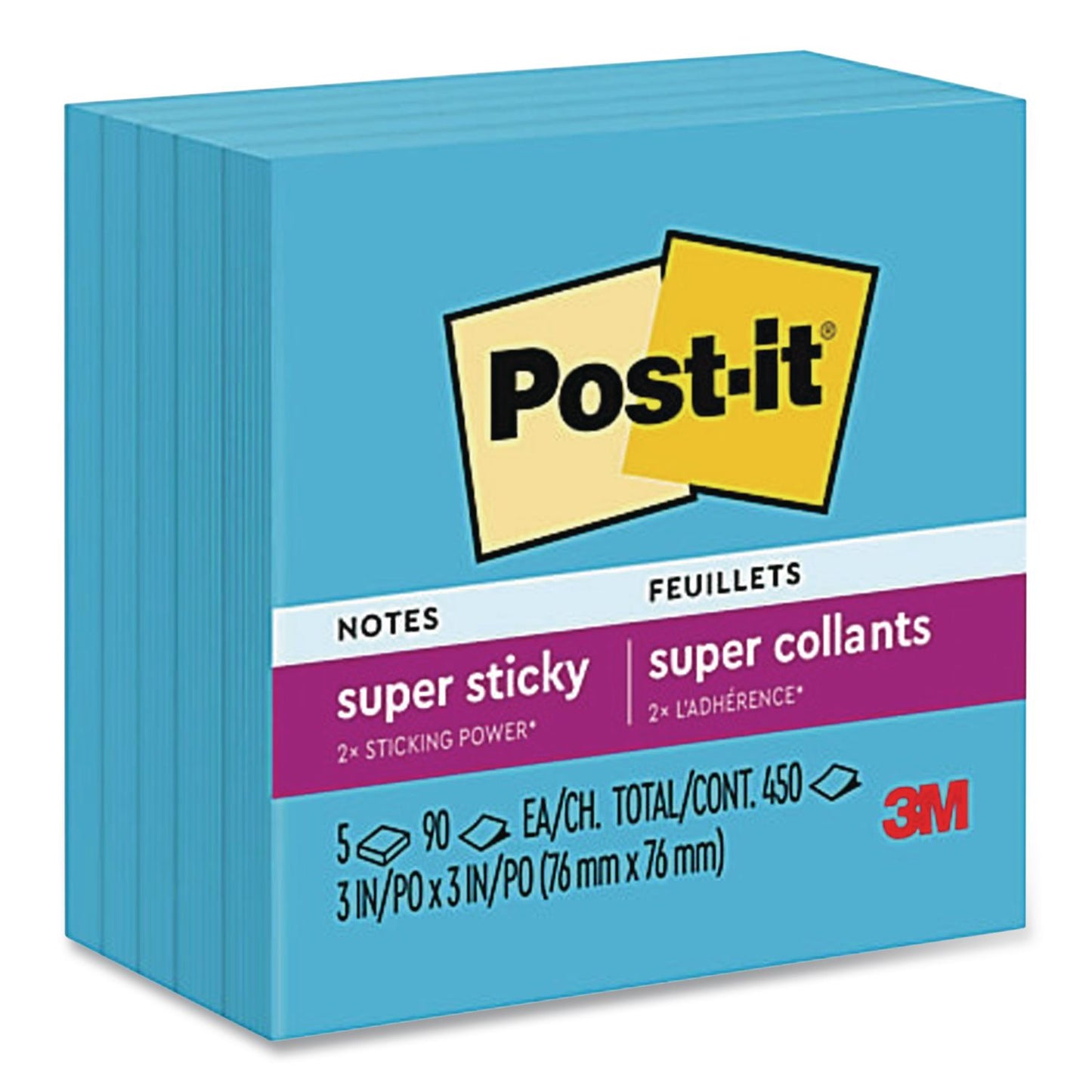 Self-Stick Notes, 3" x 3", Electric Blue, 90 Sheets/Pad, 5 Pads/Pack