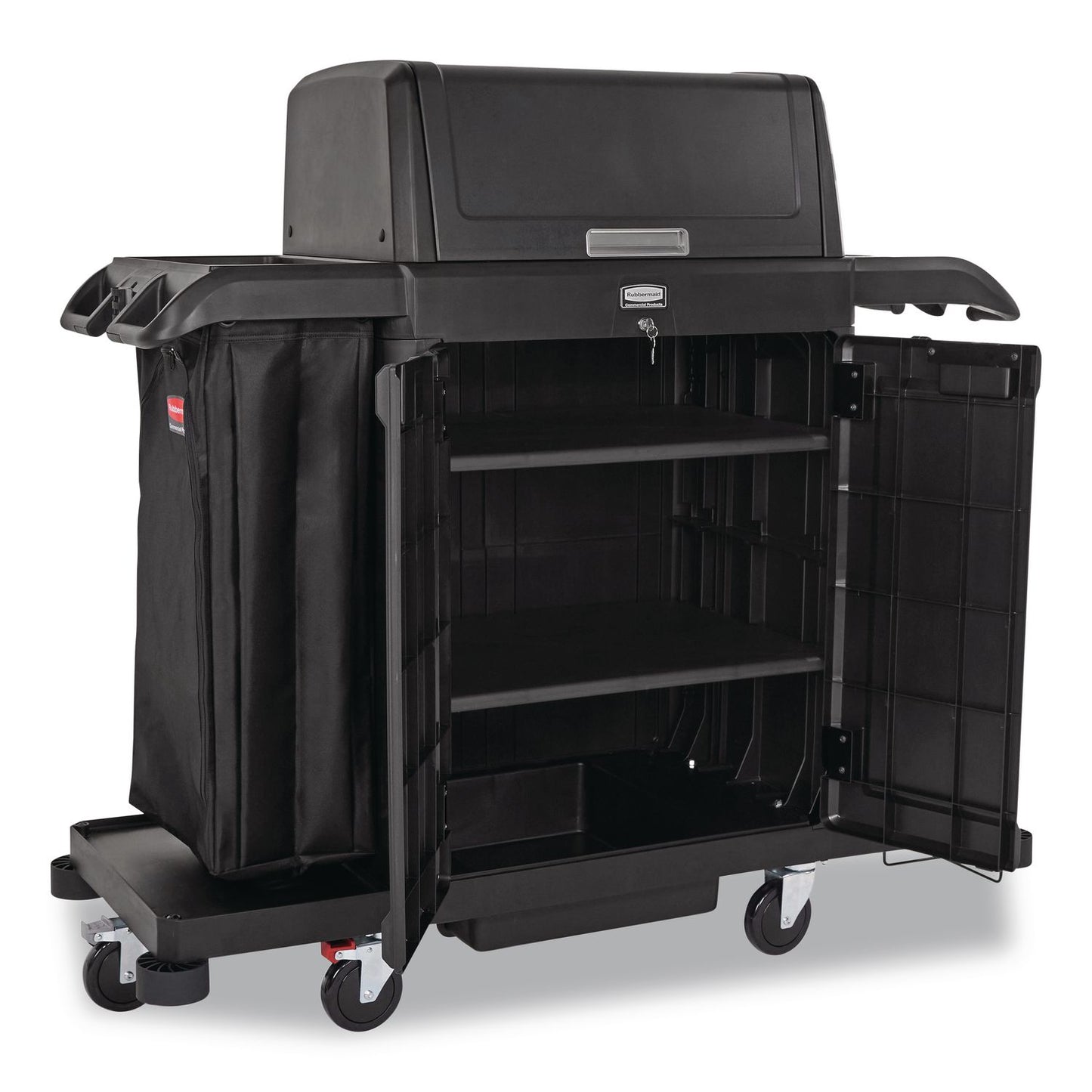 Housekeeping Cart with Hood and Doors, Plastic, 4 Shelves,1 Bin, 24.4 x 62.4 x 56.9, Black