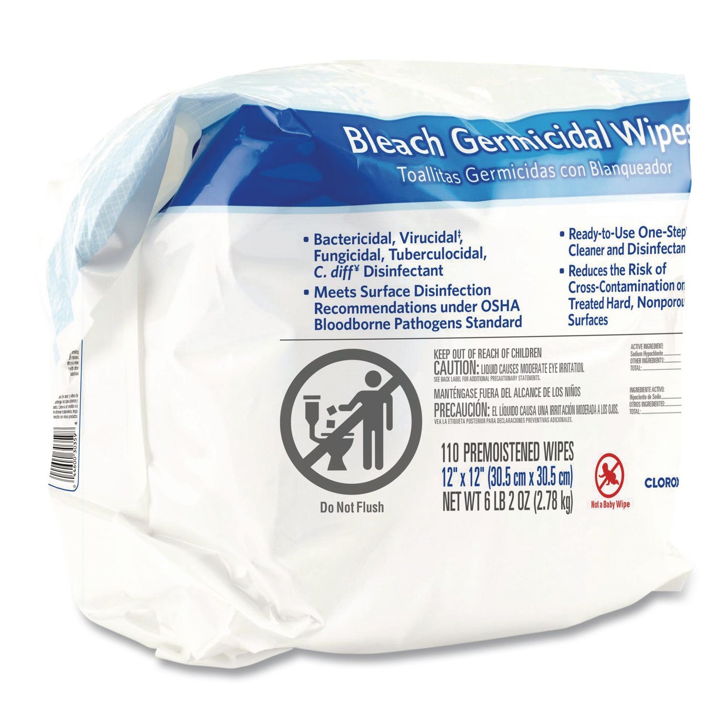 Bleach Germicidal Wipes, Refill for Bucket, 1-Ply, 12 x 12, Unscented, White, 110/Pouch