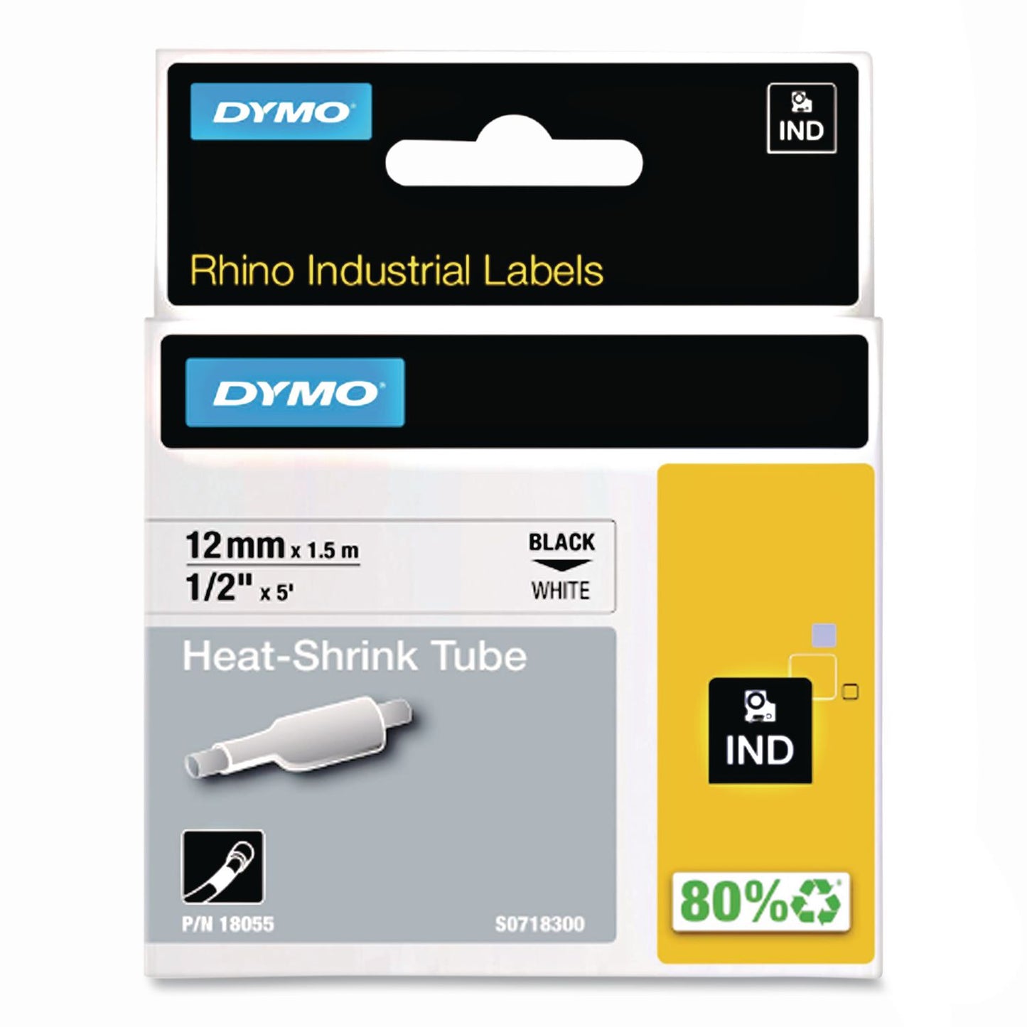 Rhino Heat Shrink Tubes Industrial Label Tape, 0.5" X 5 Ft, White/black Print