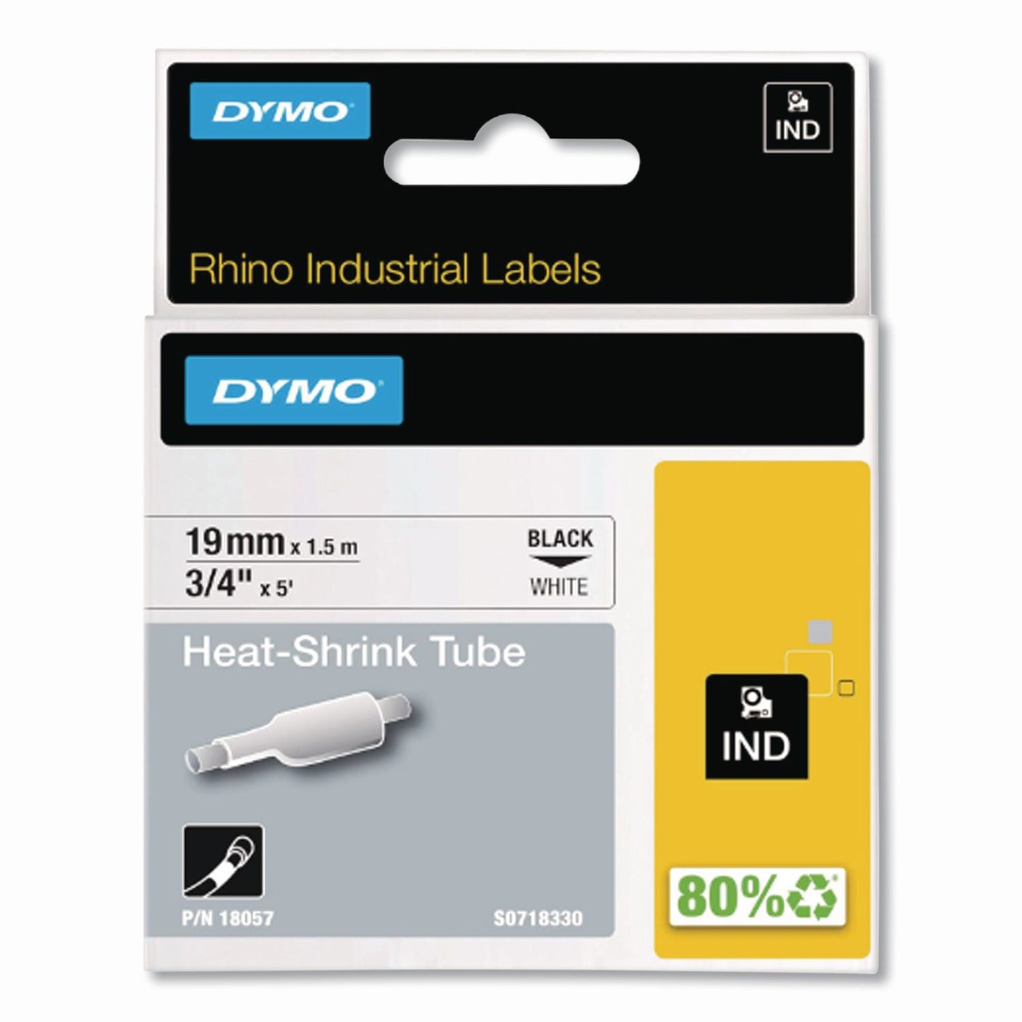 Rhino Heat Shrink Tubes Industrial Label Tape, 0.75" X 5 Ft, White/black Print
