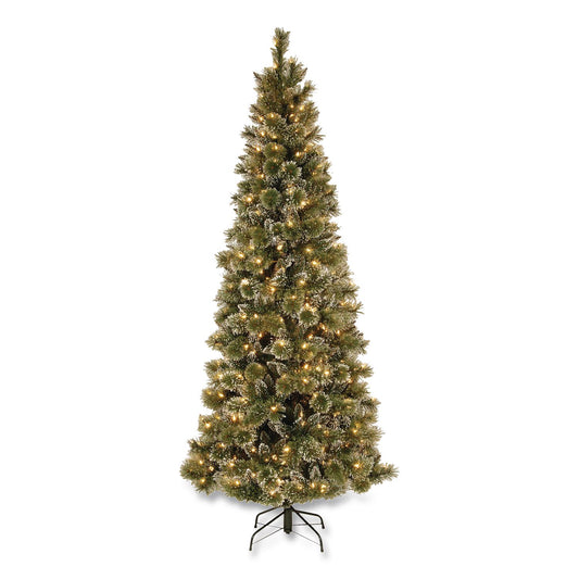 Pre-Lit Glittery Bristle Slim Tree, 42" x 42" x 90", Green Tree, Green Tree Stand