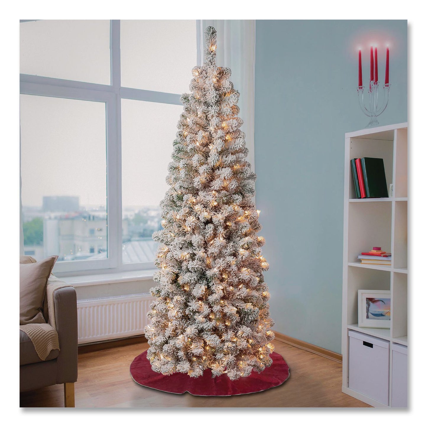 Pre-Lit Acacia Flocked Slim Tree, 24" x 24" x 70.8", Green Tree, Green Tree Stand