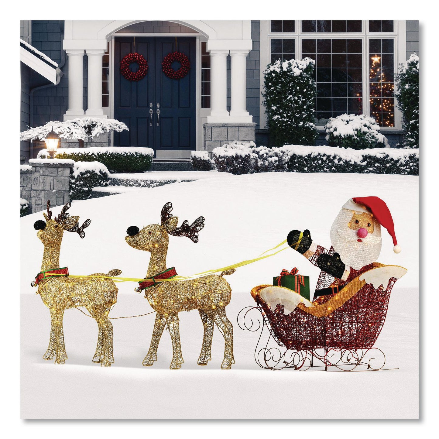 Santa and Reindeer, AC Powered, Warm White LED Lights, 11.25" x 30.75" x 33.5", Champagne