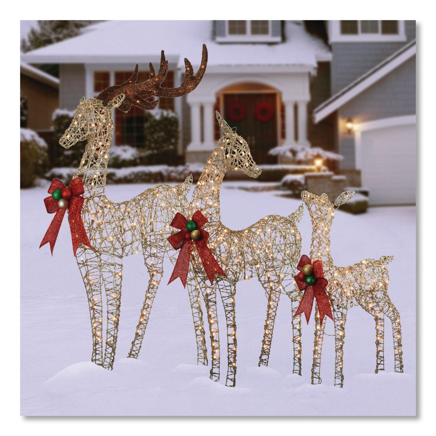 Champagne Glitter Deer Family, AC Powered, Warm White LED Lights, 27" x 8.5" x 60", Champagne