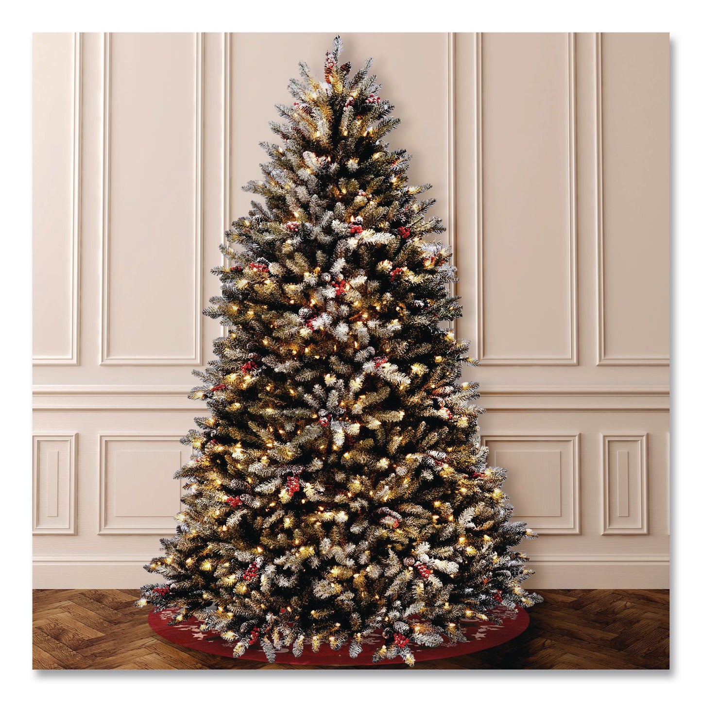 Pre-Lit Dunhill Fir Snowy Tree, 59" x 59" x 90", Green Tree, Green Tree Stand