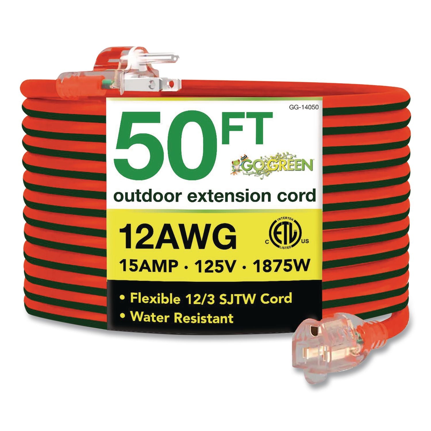 12 AWG Lighted End Heavy-Duty Extension Cord, 50 ft, 15 A, Orange/Black