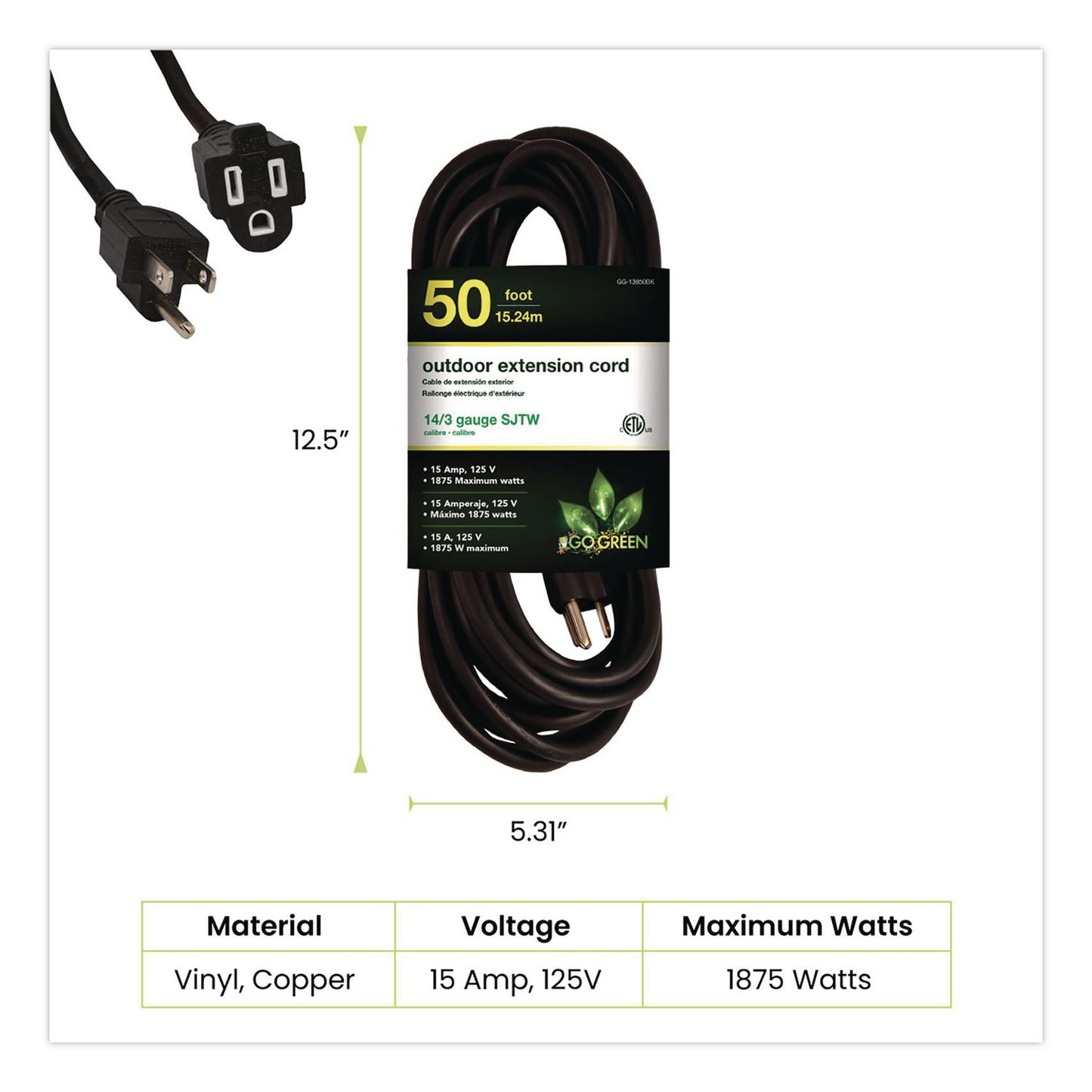 14 AWG Lighted End Heavy-Duty Extension Cord, 50 ft, 15 A, Black