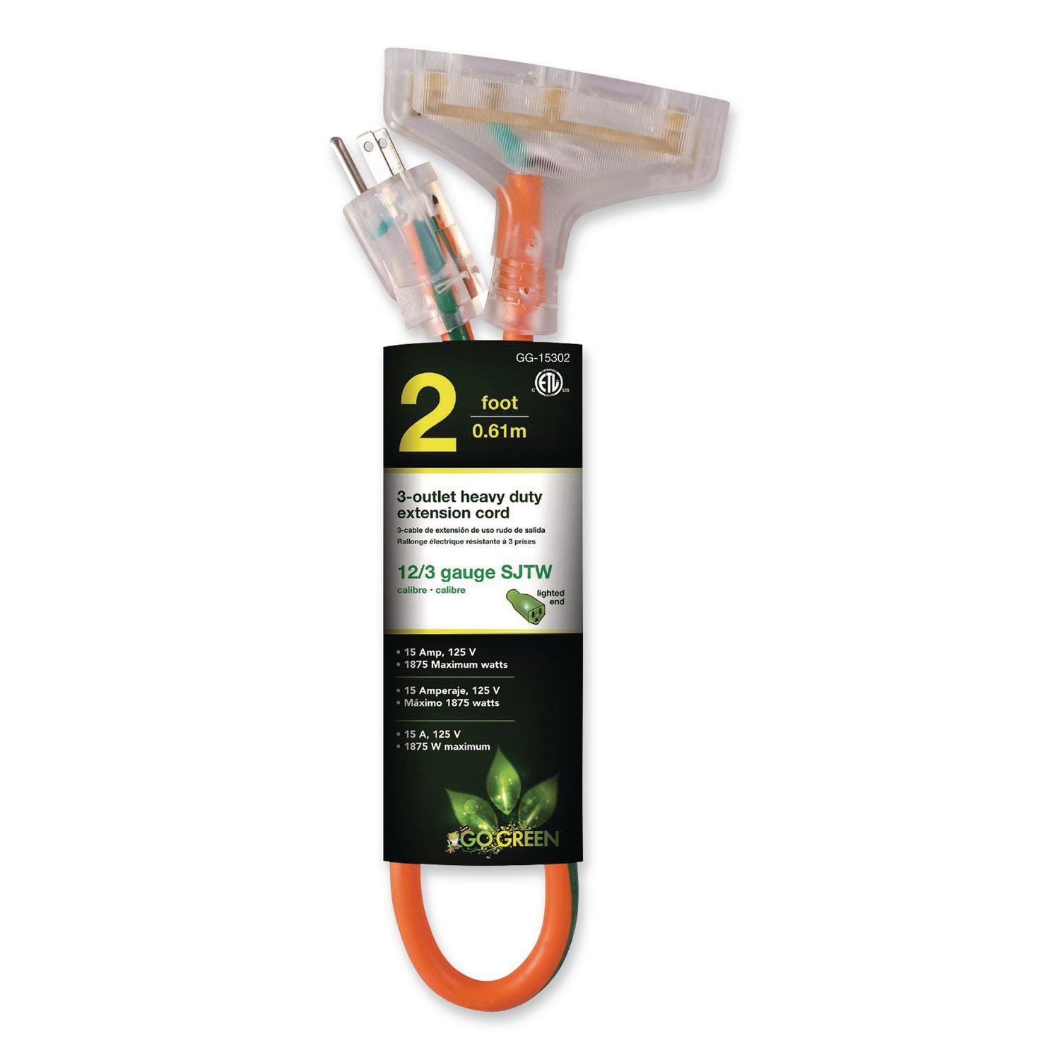 12 AWG 3-Outlet Heavy-Duty Extension Cord, 2 ft, 15 A, Orange