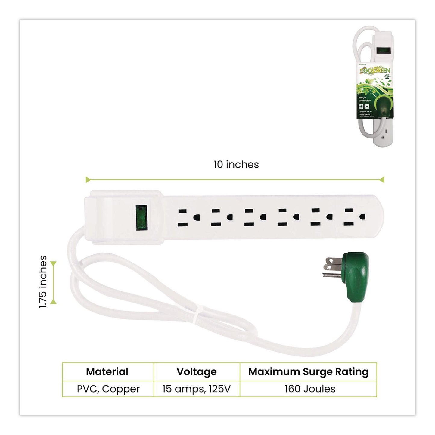 6 Outlet Surge Protector, 2.5 ft Cord, 160 J, White