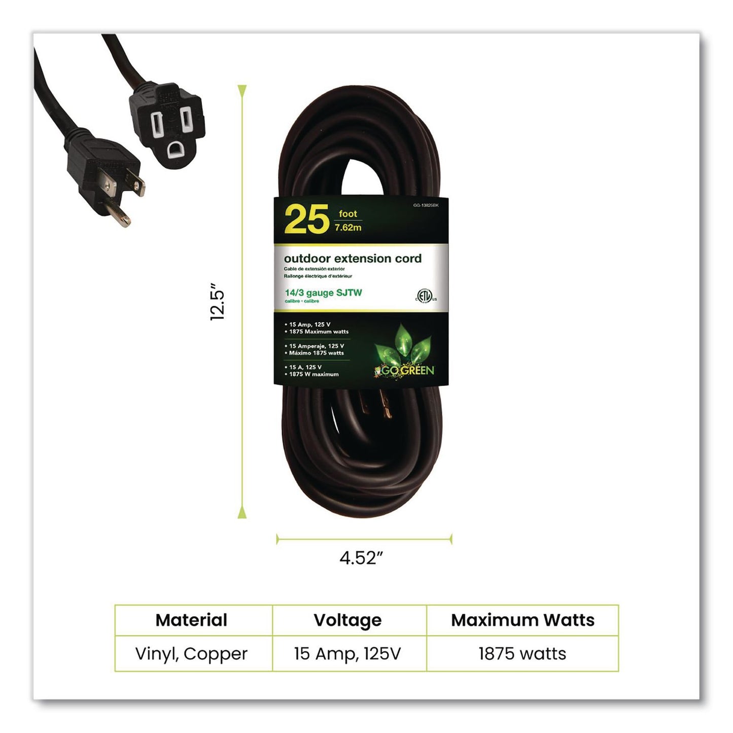 14 AWG Outdoor Extension Cord, 25 ft, 15 A, Black