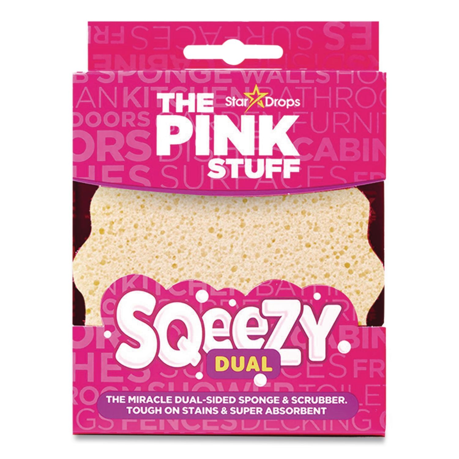 Sqeezy Dual-Sided Sponge and Scrubber, 4" x 5.3", 3.8" Thick, Pink/Ivory