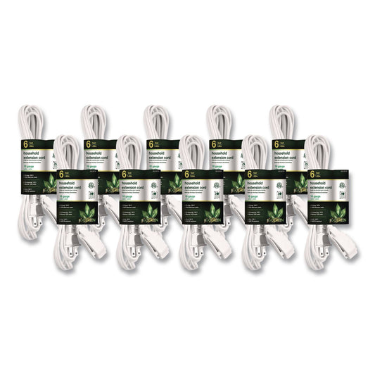 Household Extension Cord, 6 ft, 13 A, White 10/Pack