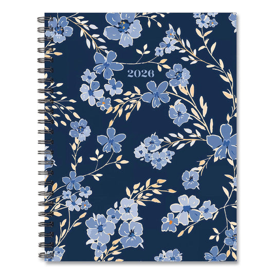 Blue Floral Weekly/Monthly Planner, 11 x 8.5, Blue/Black Cover, 12-Month (Jan to Dec): 2026