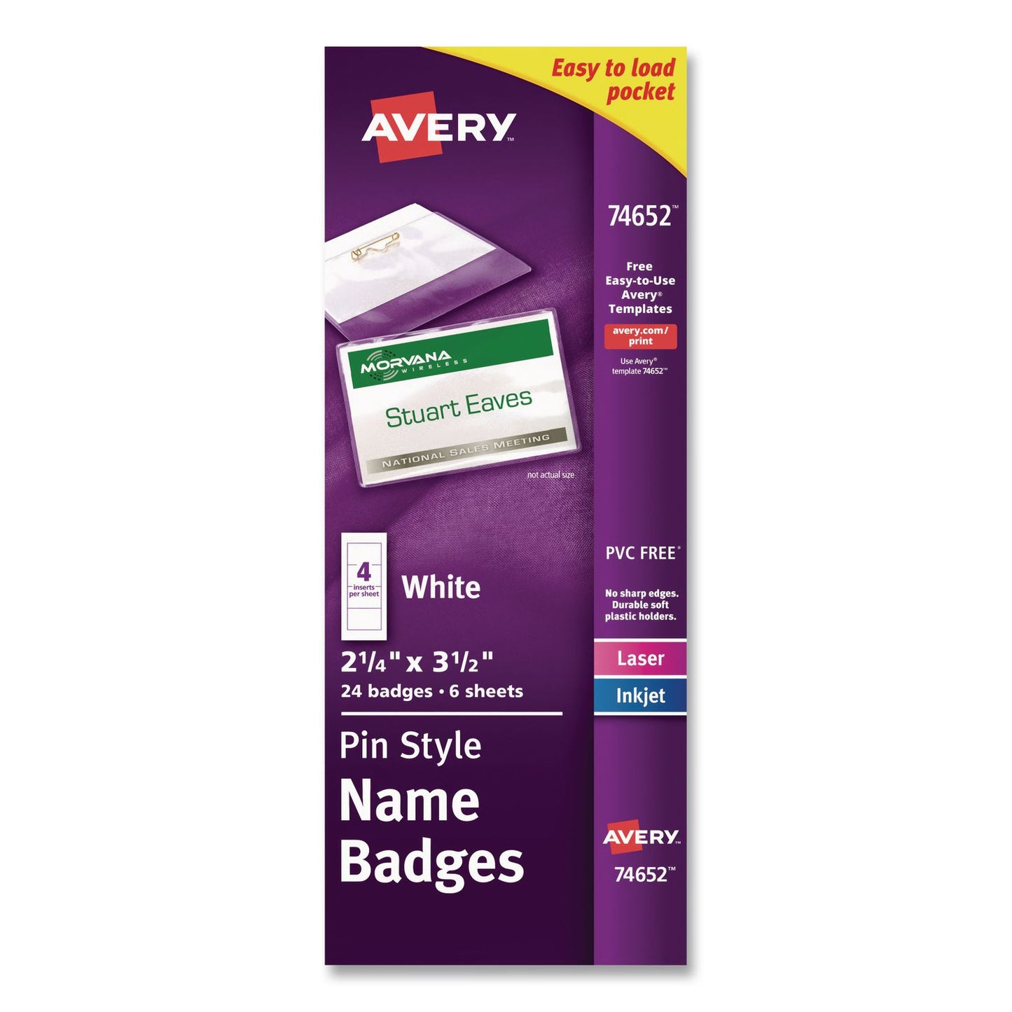 Pin-Style Badge Holder with Laser/Inkjet Insert, Top Load, 3.5 x 2.25, White, 24/Pack