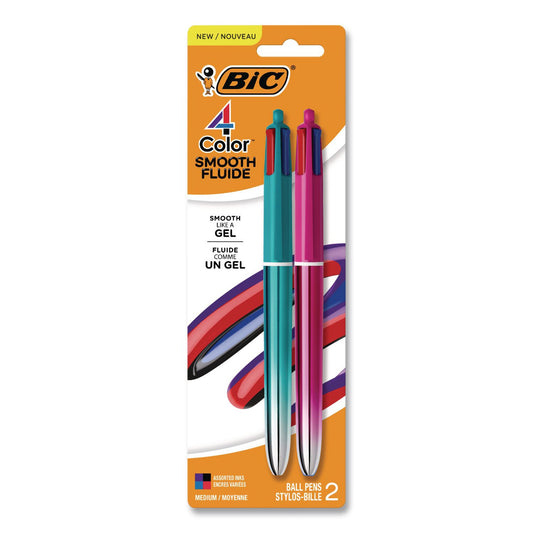 4-Color Smooth Multi-Color Ballpoint Pen, Retractable, Medium 1 mm, Black/Blue/Purple/Red Ink, Assorted Barrel Colors, 2/Pack