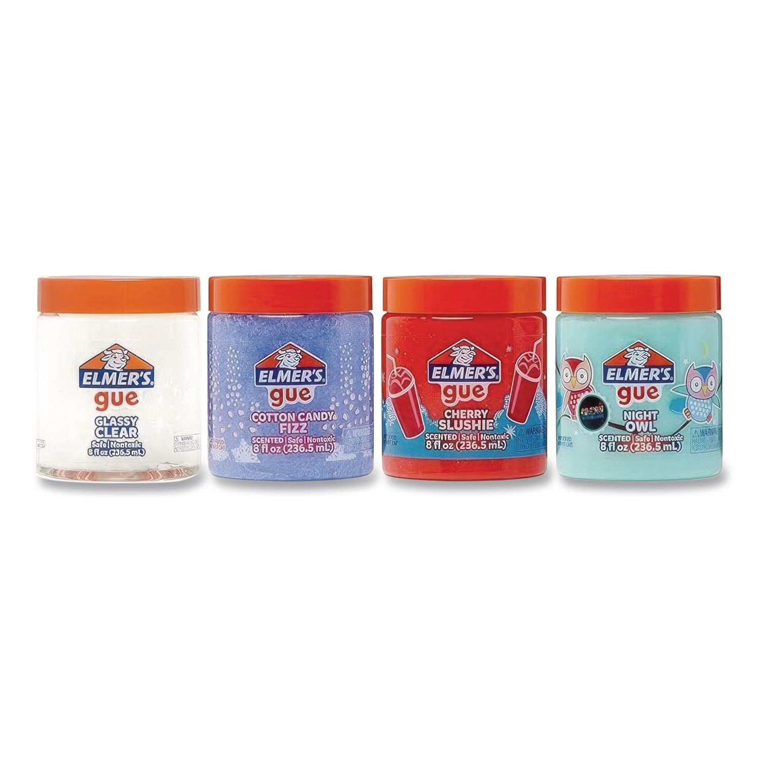 Gue Premade Slime Variety Pack, 8 oz, Cherry Slushie/Cotton Candy Fizz/Glassy Clear/Night Owl, 4/Pack