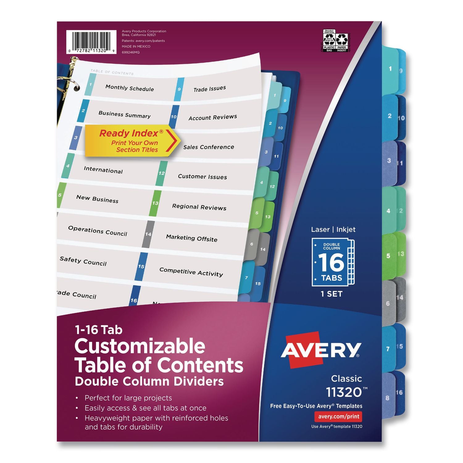 Customizable TOC Ready Index Double Column Multicolor Tab Dividers, 16-Tab, 1 to 16, 11 x 8.5, White, 1 Set