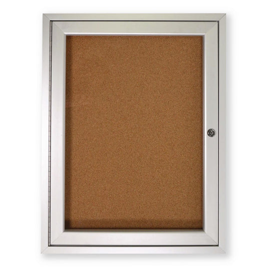 1 Door Enclosed Natural Cork Bulletin Board with Satin Frame, 24" x 36", Tan Surface, Satin Aluminum Frame