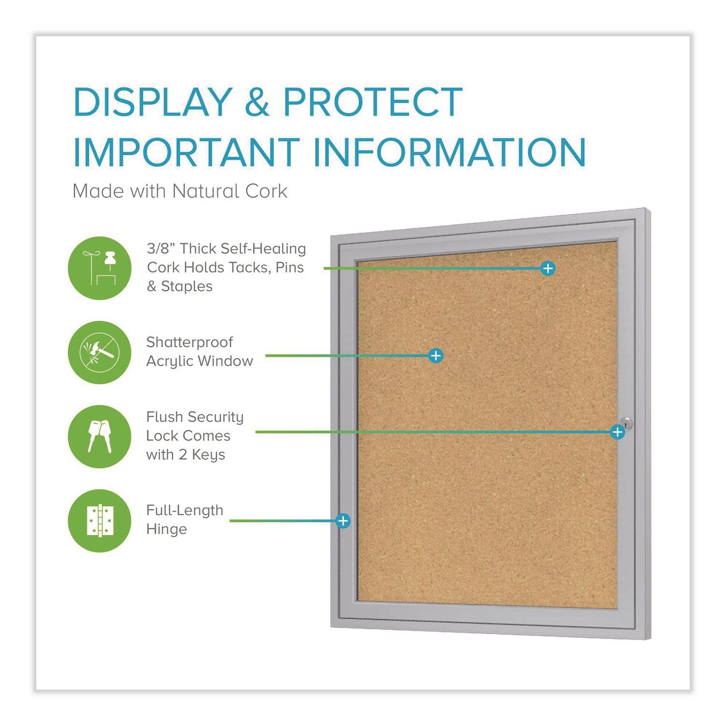 1 Door Enclosed Natural Cork Bulletin Board with Satin Frame, 18" x 24", Tan Surface, Satin Aluminum Frame