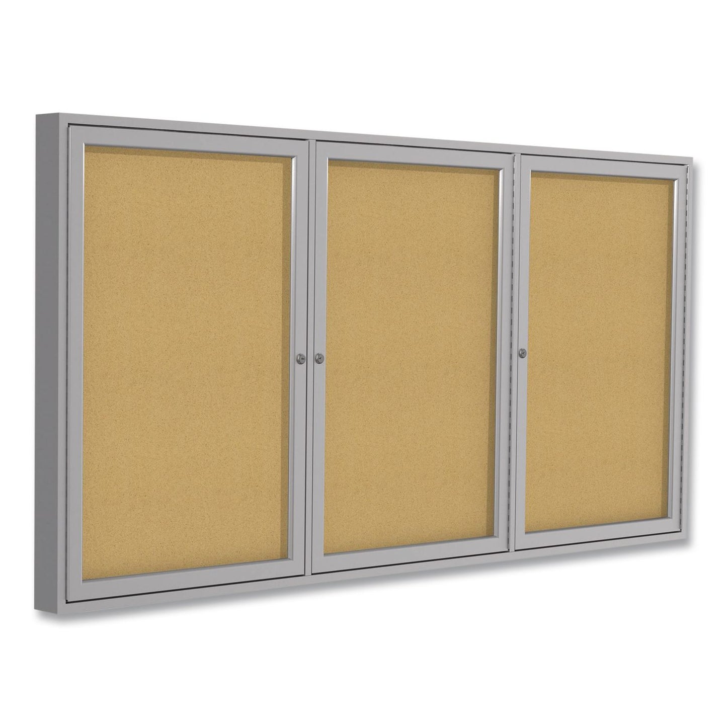 3 Door Enclosed Natural Cork Bulletin Board with Satin Frame, 96" x 48", Tan Surface, Satin Aluminum Frame
