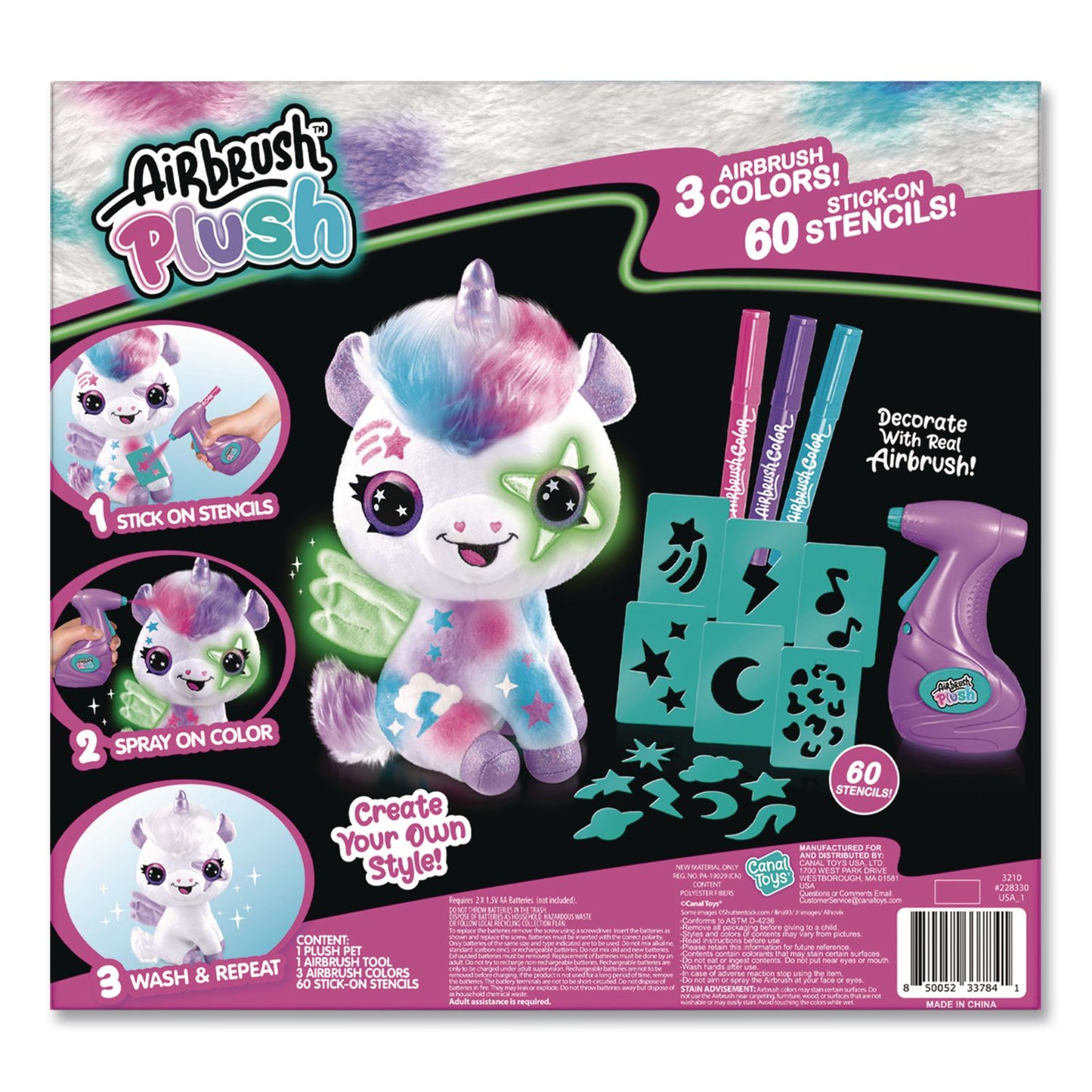 Airbrush Plush Glow-in-the-Dark Unicorn with Airbrush Tool, (3) Washable Ink Tubes and (60) Stick-On Stencils, Ages 6 and Up