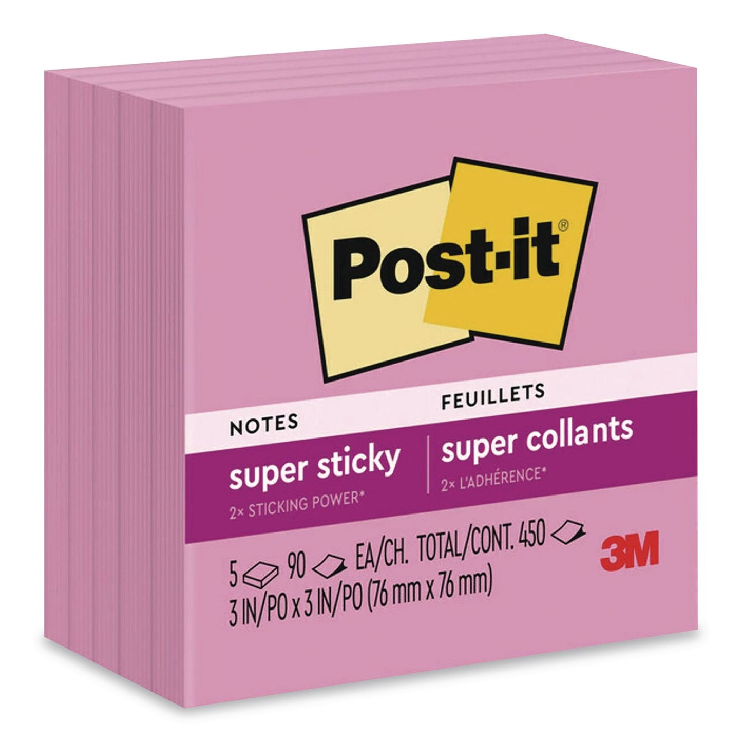 Pads in Energy Boost Colors, 3" x 3", Tropical Pink, 90 Sheets/Pad, 5 Pads/Pack