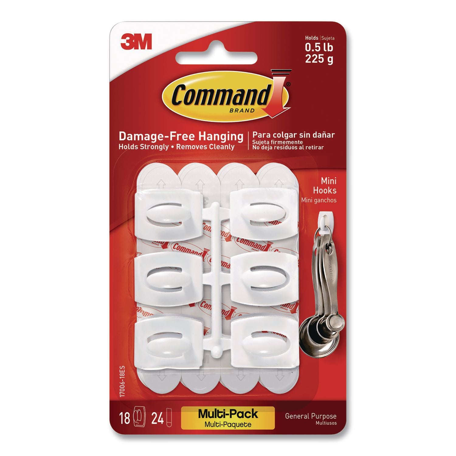 Mini Hooks, Plastic, White, Supports 0.5 lb, 18/Pack