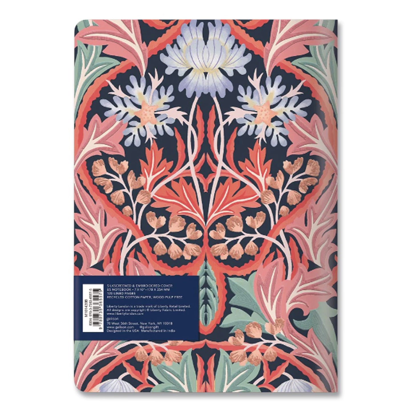 Liberty London Embroidered Cover Journal, Floral Artwork, Medium/College Rule, Green/Pink/White Cover, (50) 10 x 7 Sheets