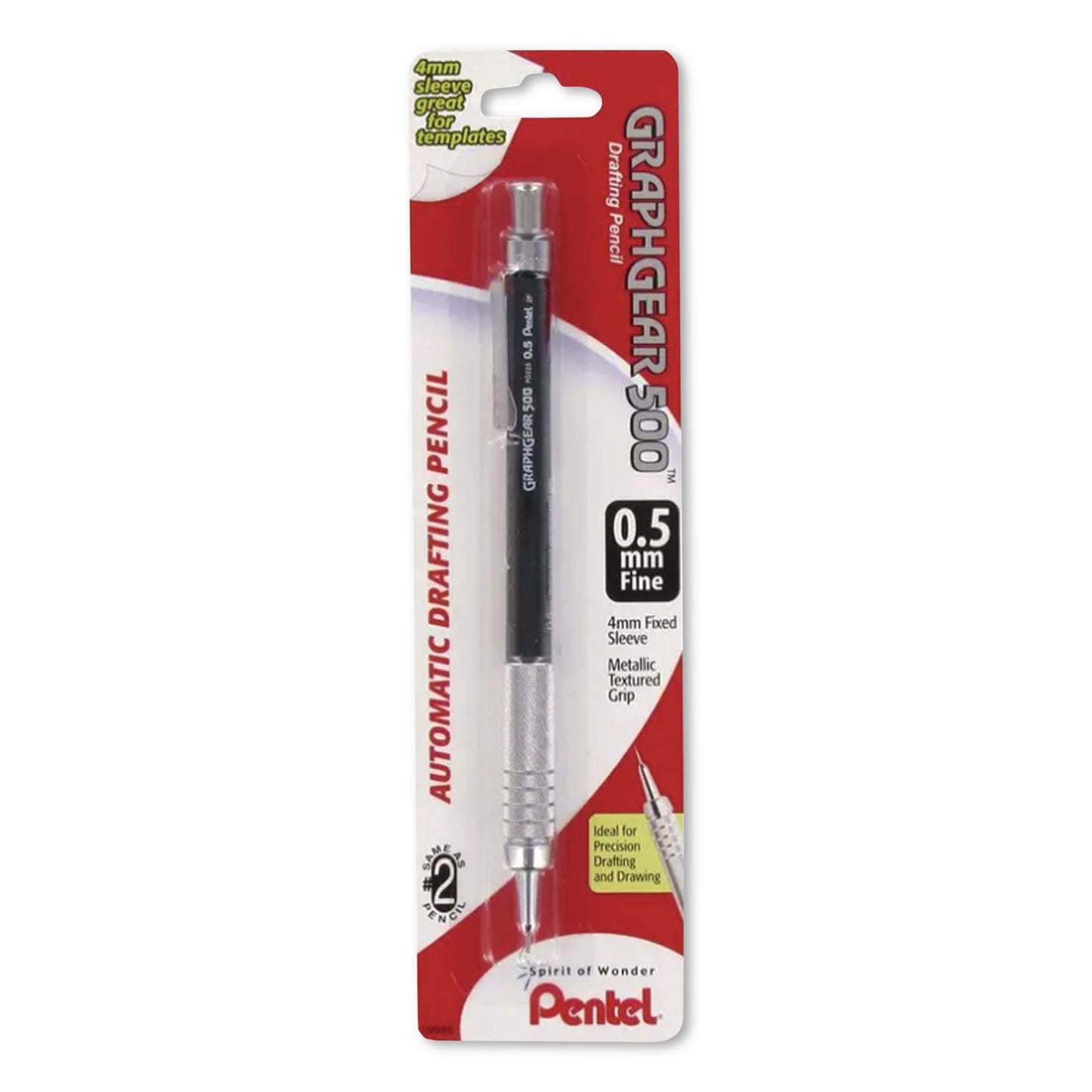 GraphGear 500 Mechanical Drafting Pencil, 0.5 mm, HB (#2), Black Lead, Black/Silver Barrel