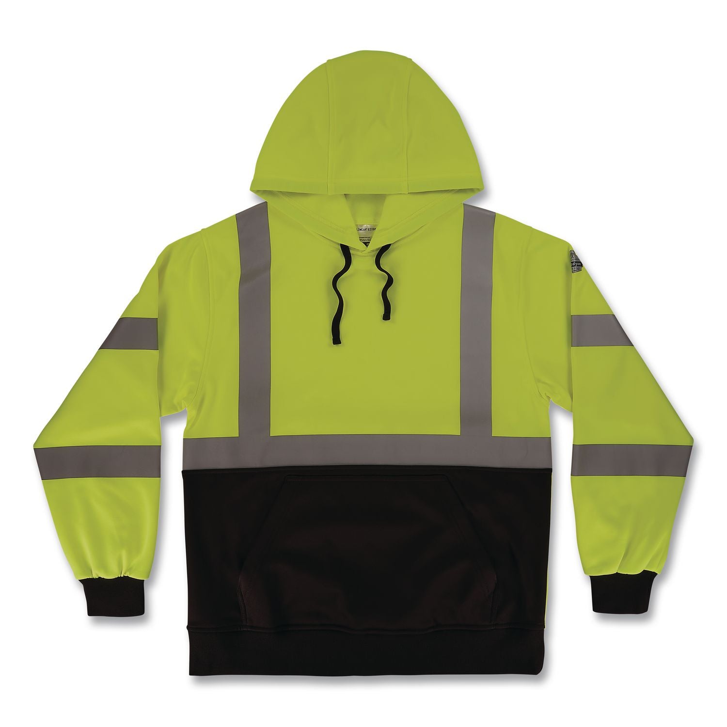 GloWear 8311BK Class 3 Essential Hi-Vis Hooded Sweatshirt with Black Bottom, Medium, Lime